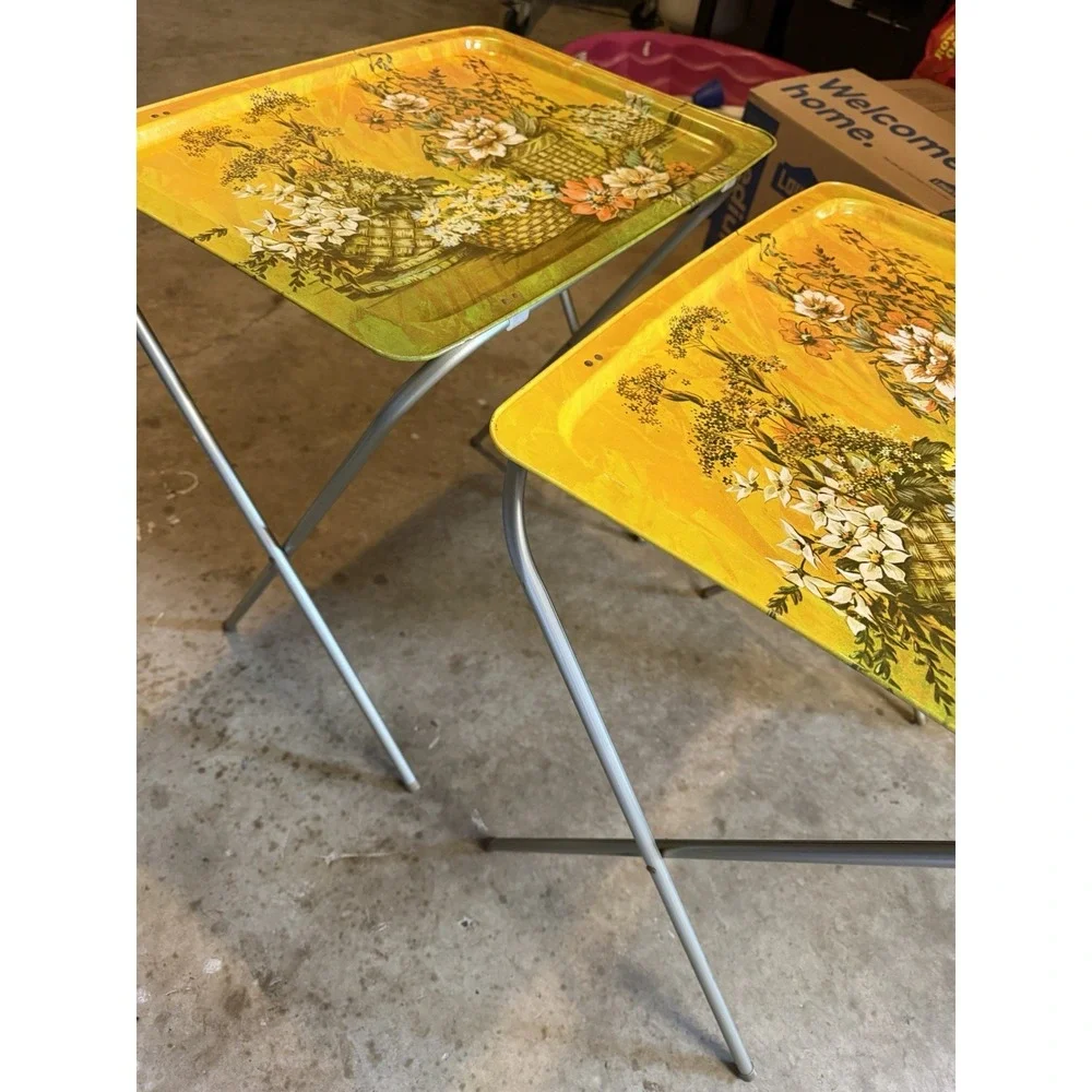 2 vintage LaVada 70s Retro Metal Tv Trays folding tables Yellow Floral Basket